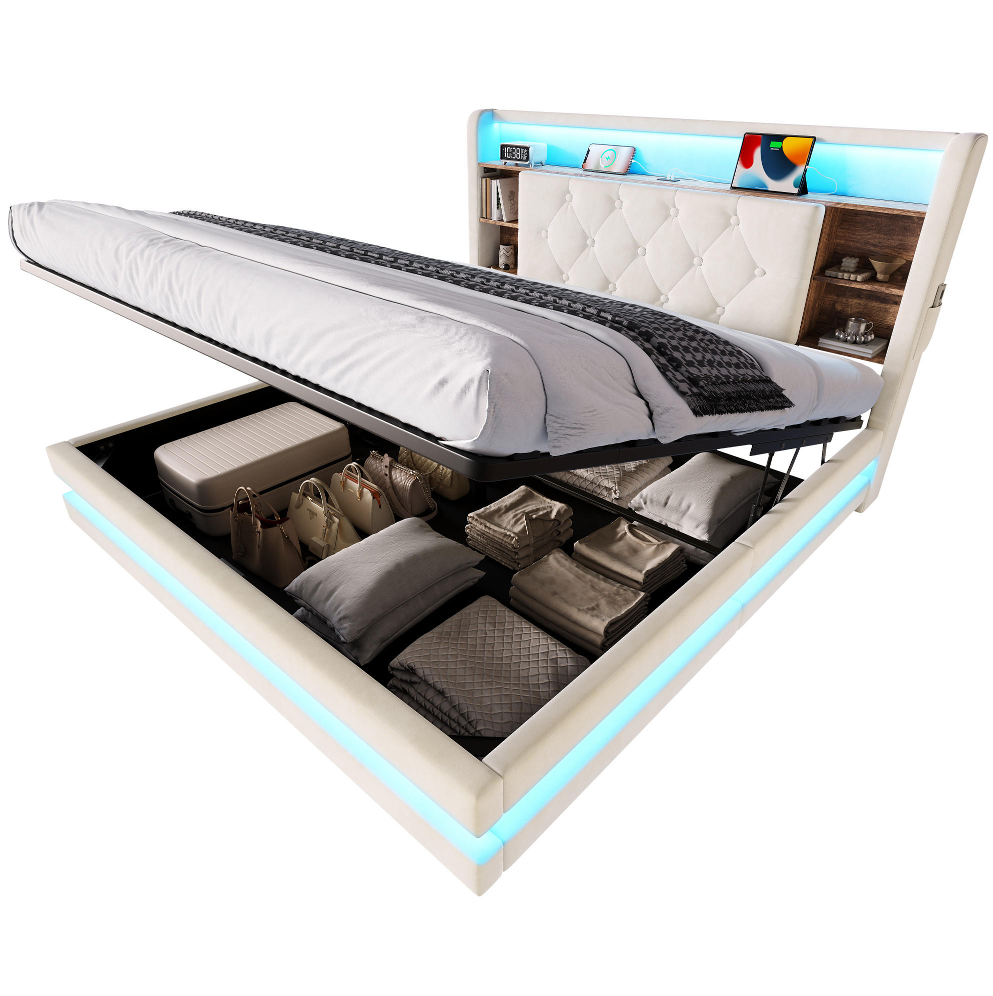 POLSTERBETT aus Samt 140x200 cm Beige mit Bettkasten, LED-Beleuchtung und USB-/Type-C-Anschlüssen - Beige, Textil (140/200cm) - Modfu