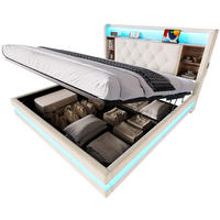 POLSTERBETT aus Samt 140x200 cm Beige mit Bettkasten, LED-Beleuchtung und USB-/Type-C-Anschlüssen - Beige, Textil (140/200cm) - Modfu