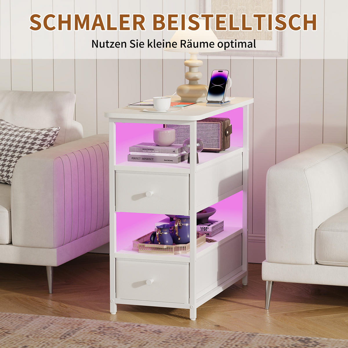 NACHTTISCH LED USB 2 Schubladen 2 Fächer weiß - Weiß, Holz (58/28/60.5cm) - LEBENLANG