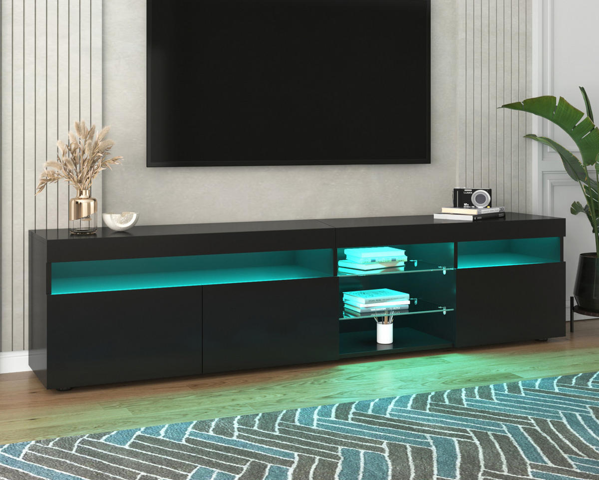 TV-LOWBOARD 180/35/48 cm mit 3 Türen und LED-Beleuchtung - Schwarz, Holzwerkstoff (180/48/35cm) - BEAOK