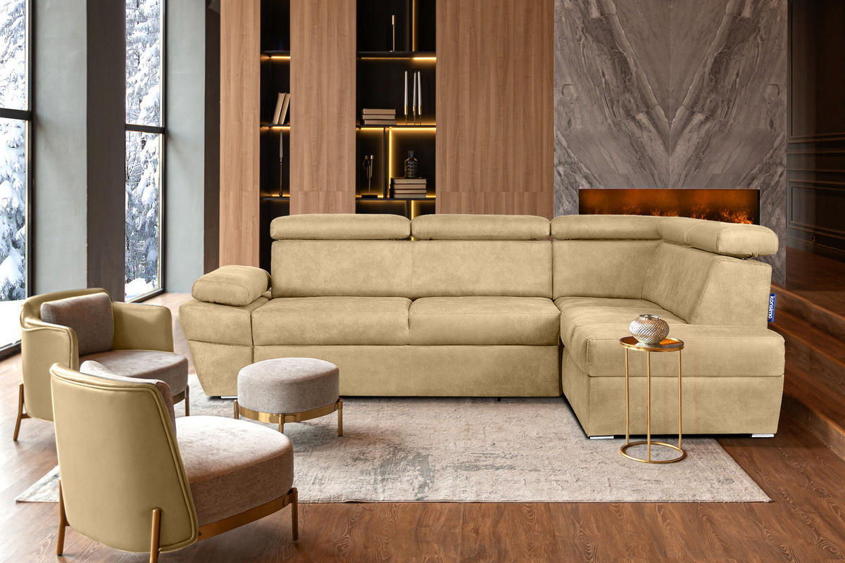 SCHLAFECKSOFA RATLO rechts 4/5-Sitzer mit Bettkasten in Lederoptik, gelb - Gelb/Silberfarben, Textil (270/190cm) - KONSIMO®