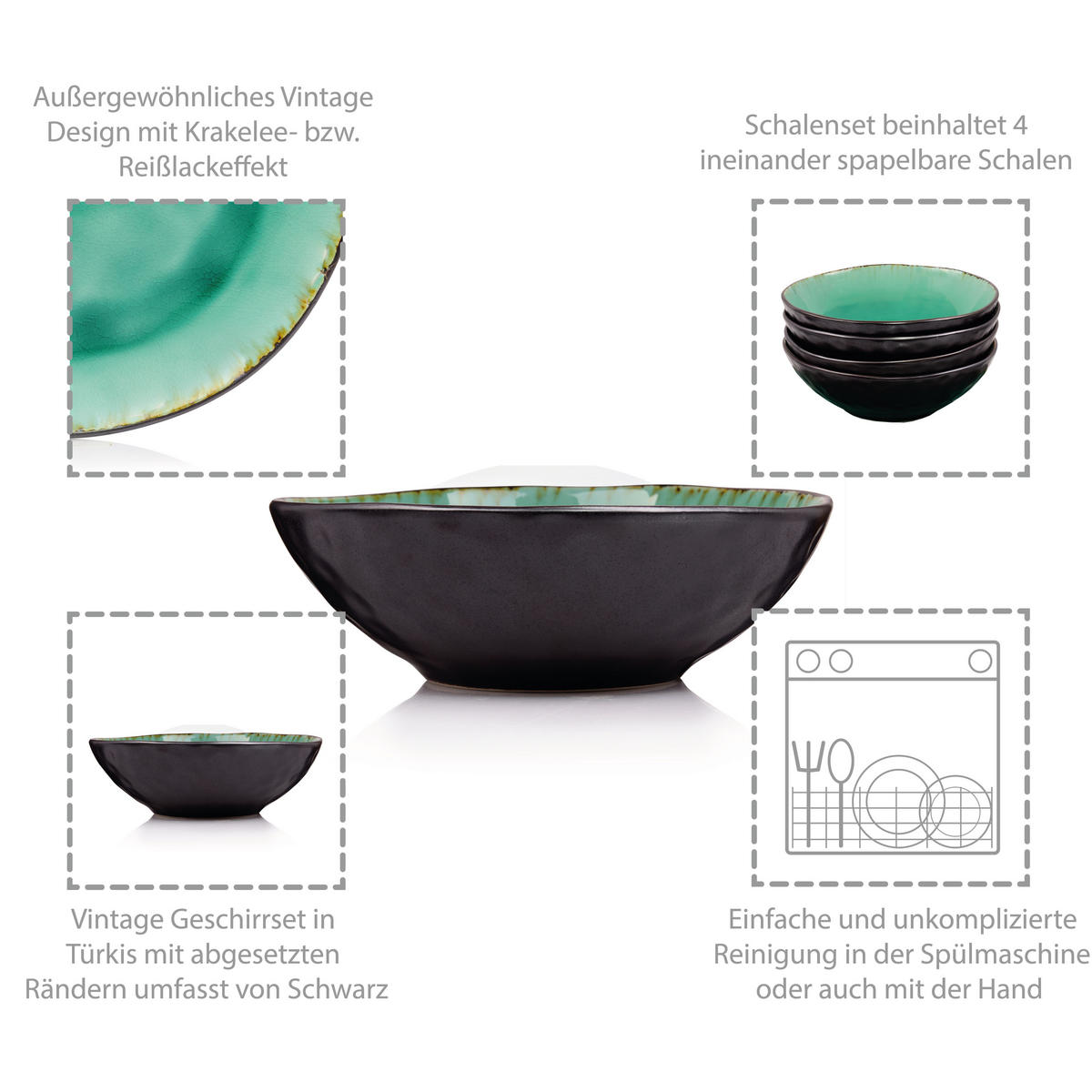 SCHALEN SET PALM BEACH 4 teilig aus Steingut - Grün, Keramik (8cm) - Sänger