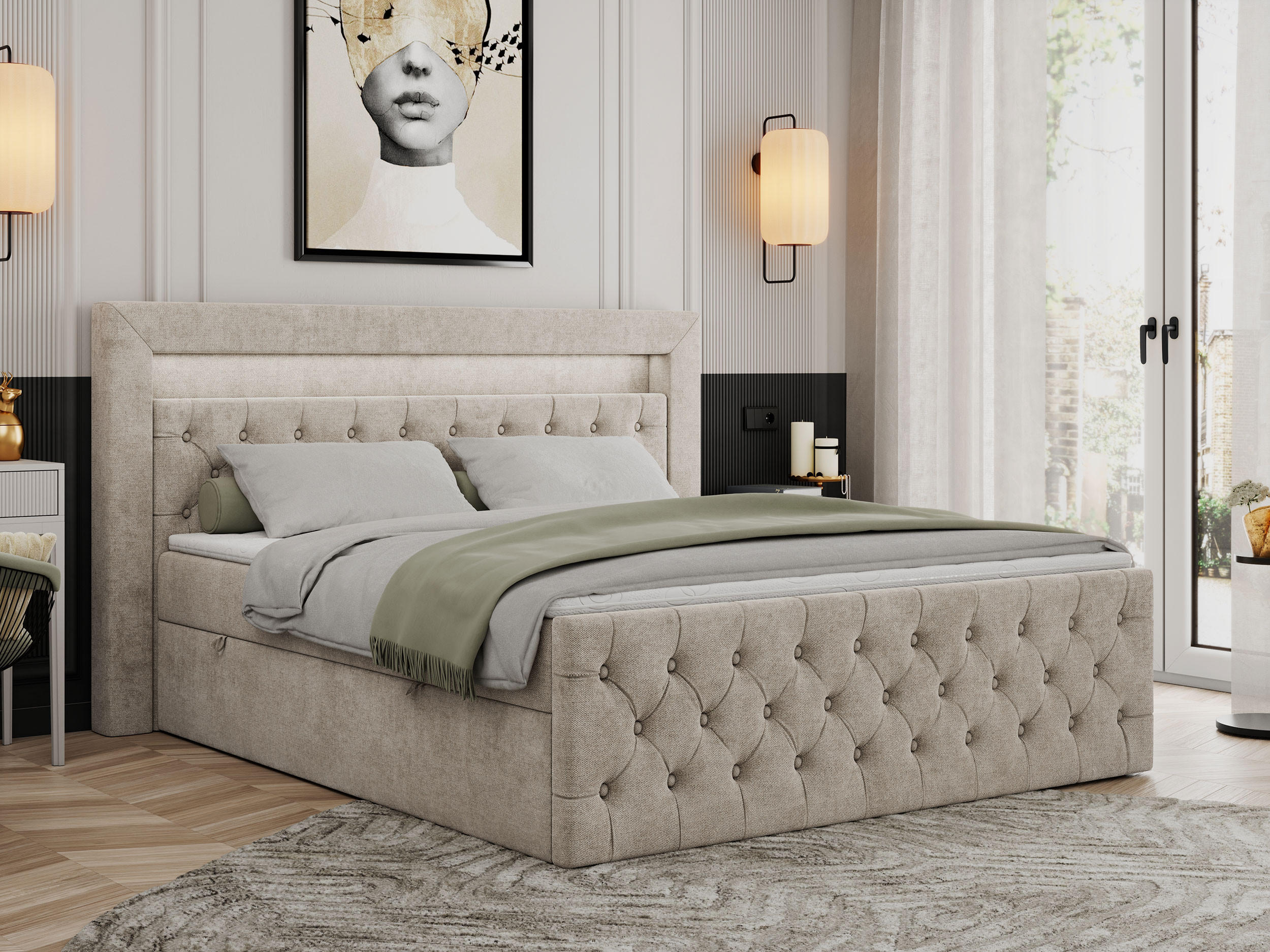 BOXBETT GOLD-9 LED 120/200 Beige Struktur - H3 - Beige, Holz/Textil (120/200cm) - MKS