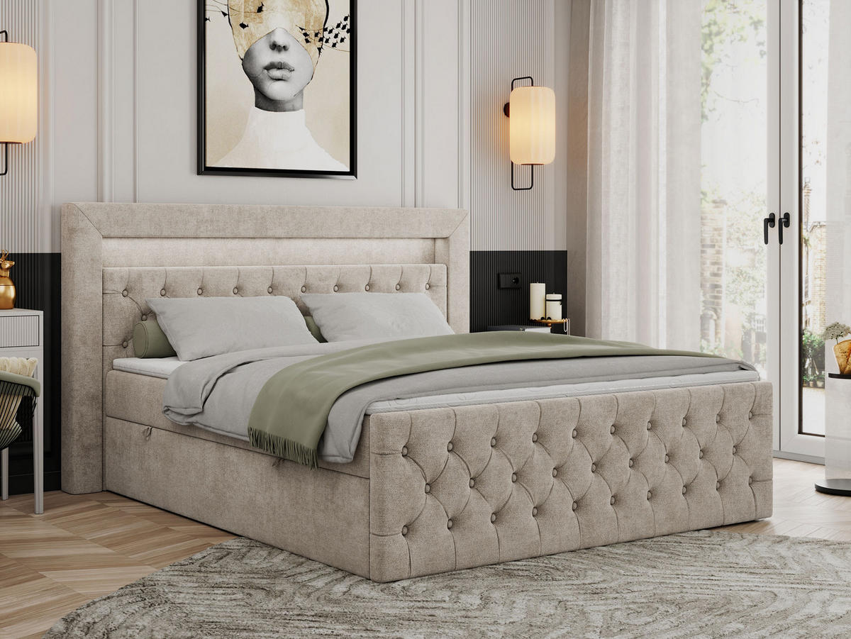 BOXBETT GOLD-9 LED 200/200 Beige Struktur - H3 - Beige, Holz/Textil (200/200cm) - MKS