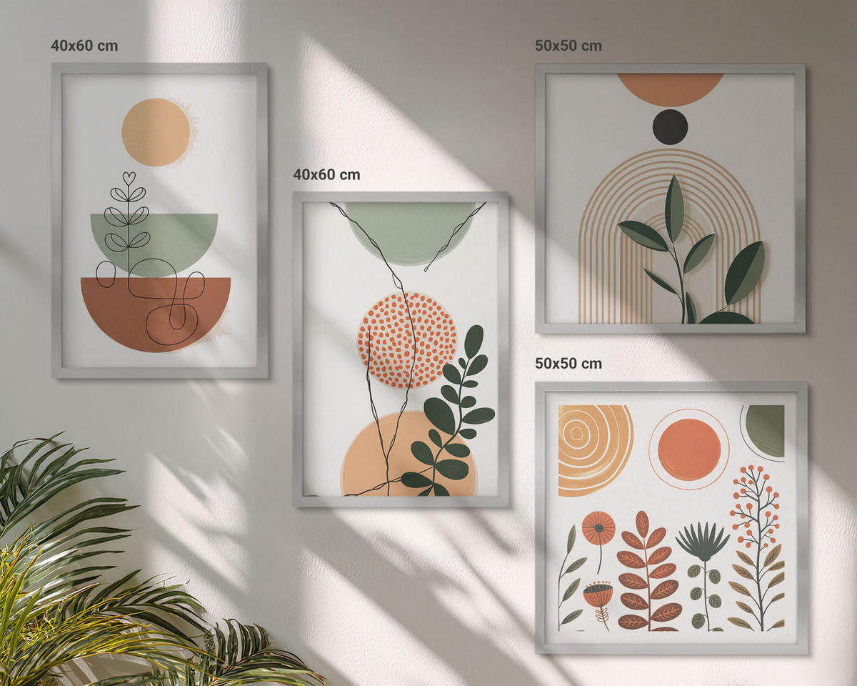 BILDER SET 4er Set - 50x50 cm & 40x60 cm Silberner Rahmen - Abstrakte Pflanzenformen - Silberfarben, Kunststoff (50/50cm) - TULUP