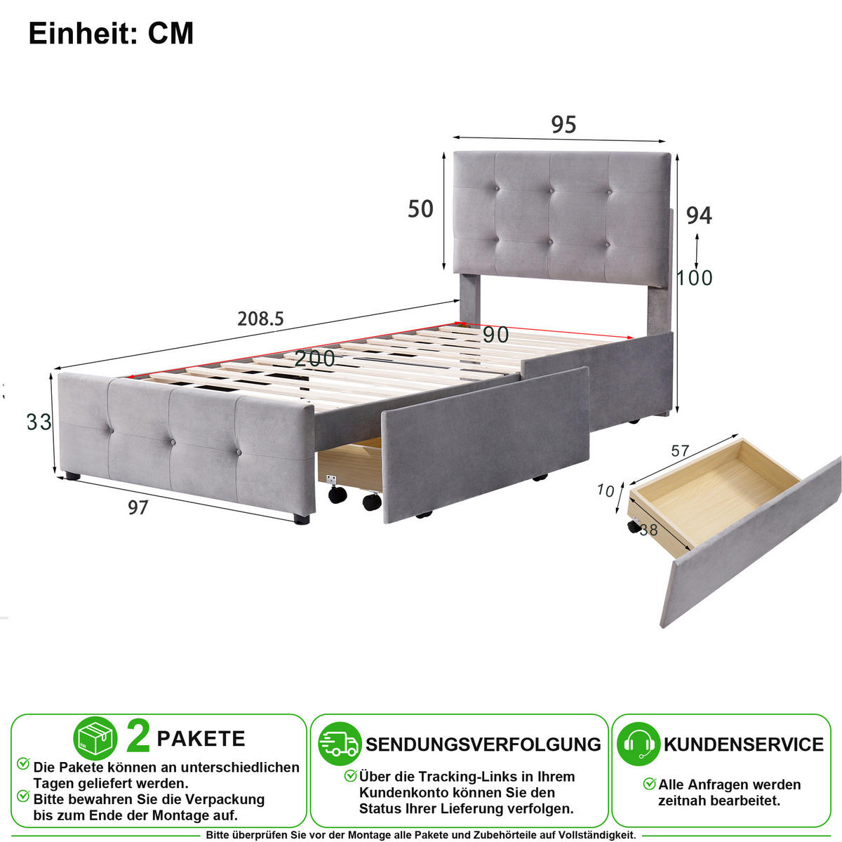 POLSTERBETT 90/200 cm in Grau mit Schublade und Lattenrost Samt - Grau, Holzwerkstoff/Textil (90/200cm) - CHICFURN