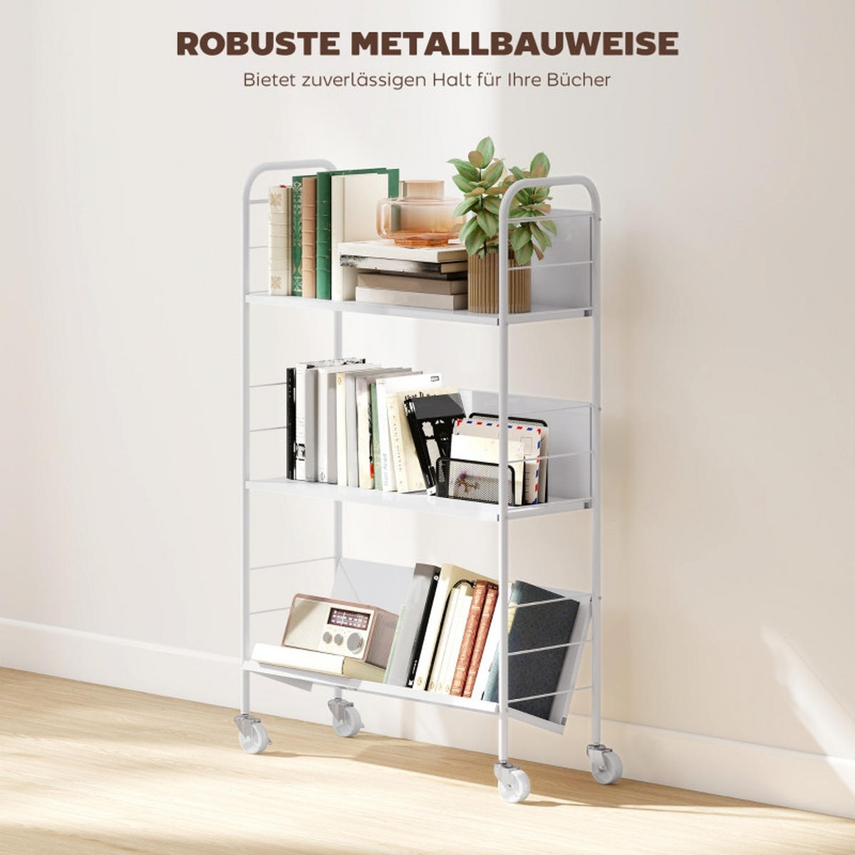BÜCHERREGAL 69/26/108 cm, 3 Ebenen, aus Metall, mit Rollen, Weiß - Weiß, Metall (69/108/26cm) - BEAOK