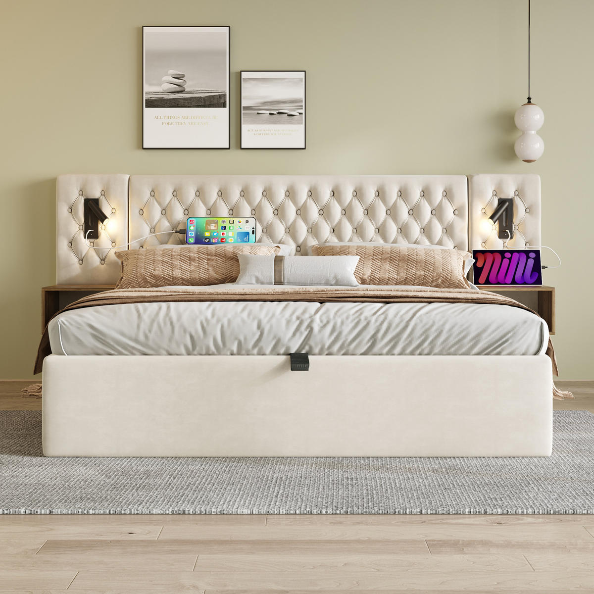 POLSTERBETT 160/200 cm Beige Hydraulisch Stauraumbett mit Nachttischen und Leselicht - Beige, Textil (160/200cm) - OKWISH