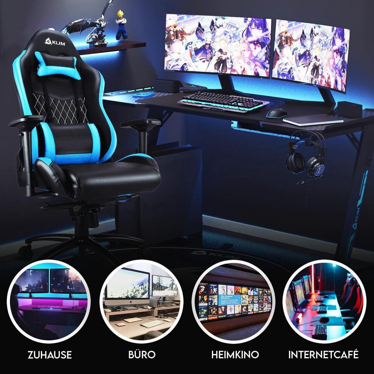 GAMING Stuhl mit 4D-Armlehnen und Kopf- & Lendenkissen Blau - Blau, Kunststoff (57/57/140cm)