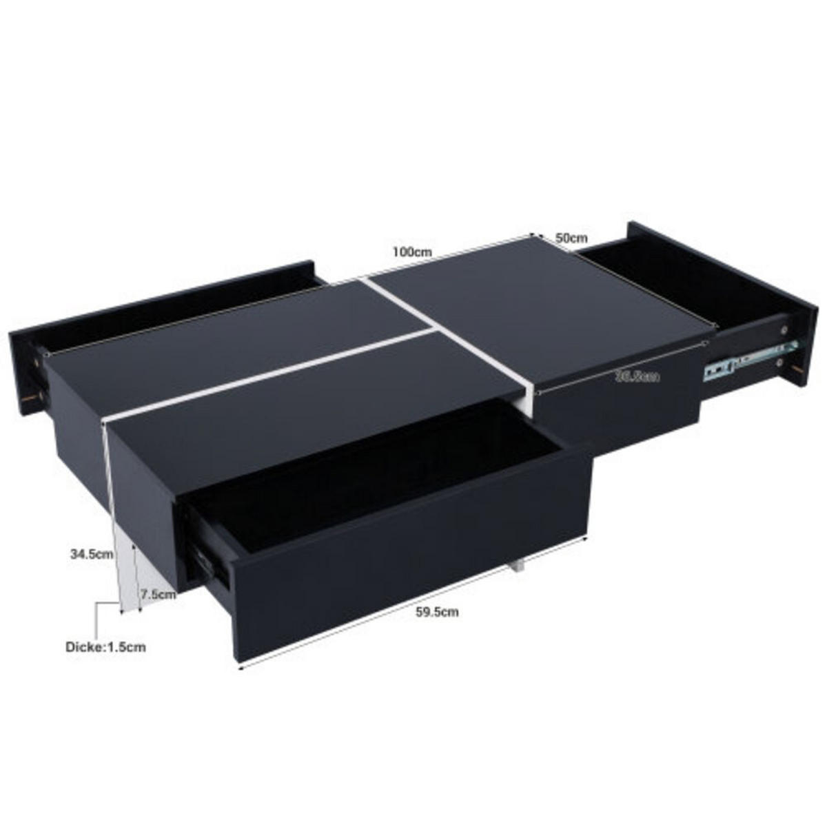 COUCHTISCH Schwarz mit Hochglanzoberfläche & App-gesteuerter LED-Beleuchtung 100×50×34,5 cm aus Spanplatte - Schwarz, Holzwerkstoff (50/100/34.5cm) - Luhomfu