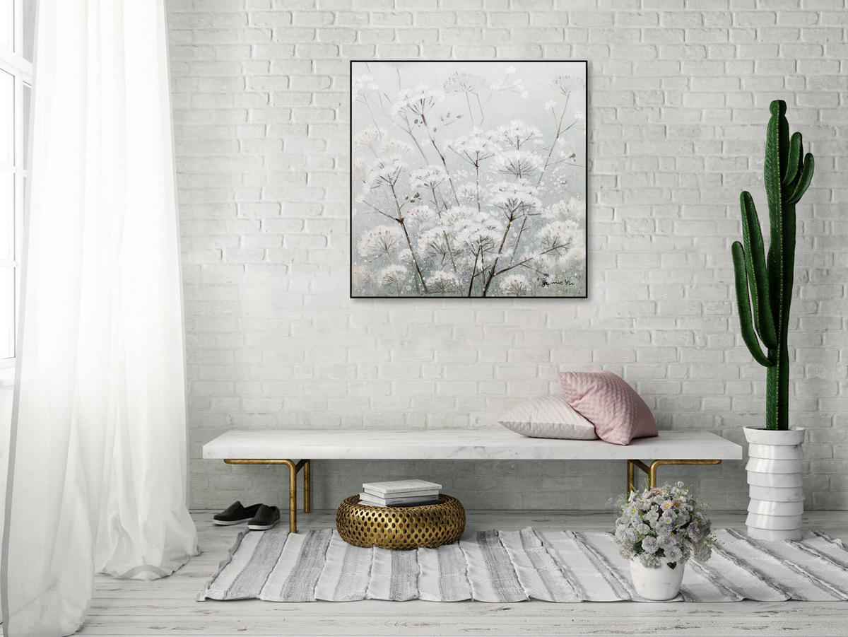RUČNE MAĽOVANÝ AKRYLOVÝ OBRAZ 80/80 cm, biely/sivý, prírodný a botanický motív - sivá/biela, drevo/textil (80/80cm) - KUNSTLOFT