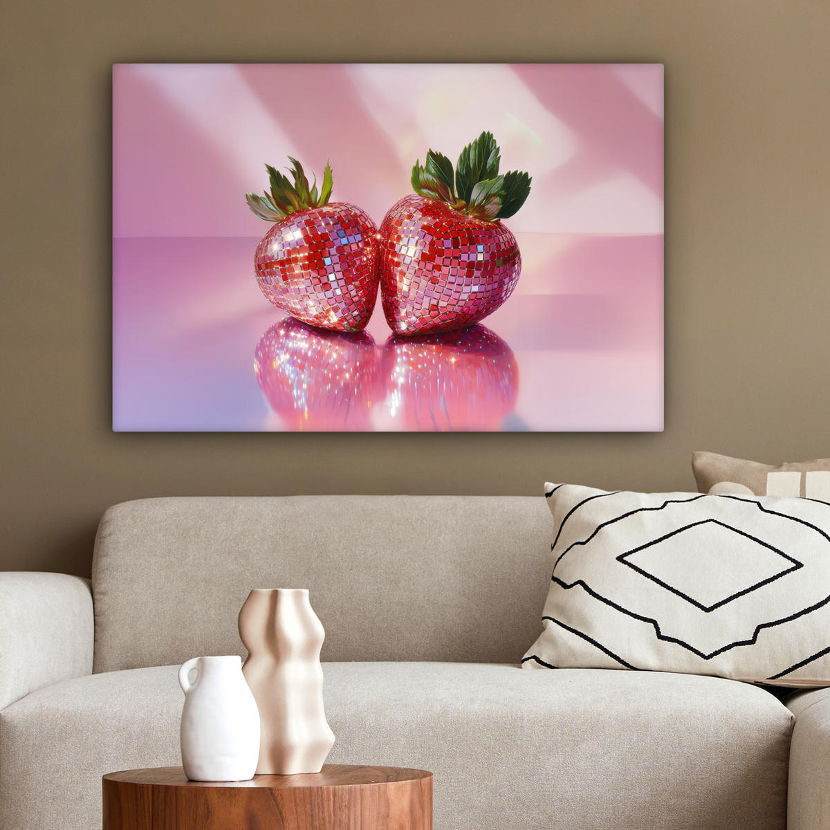 LEINWANDBILD Disco - Obst - Glitzer - Erdbeere Wanddeko 90x60 cm - Pink, Textil (90/60cm) - MuchoWow