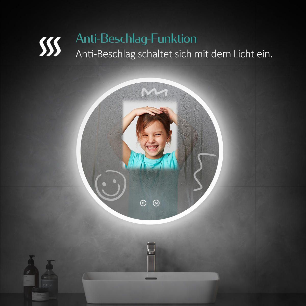 BADSPIEGEL mit Beleuchtung 3 Lichtfarben einstellbar beschlagfrei ф50 cm - Weiß, Glas (50/3.5/50cm) - EMKE