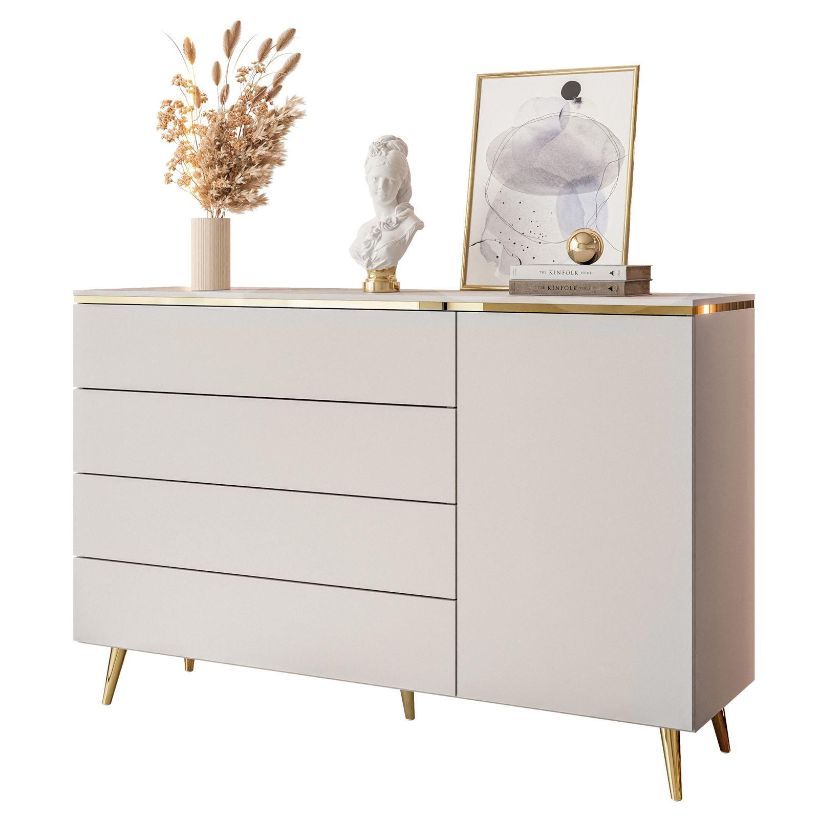 KOMMODE AURORA 4S1D Kaschmir mit schräge Goldchrom Fuße - Kaschmir/Goldfarben, Holzwerkstoff/Metall (140/90/40cm) - Lookway