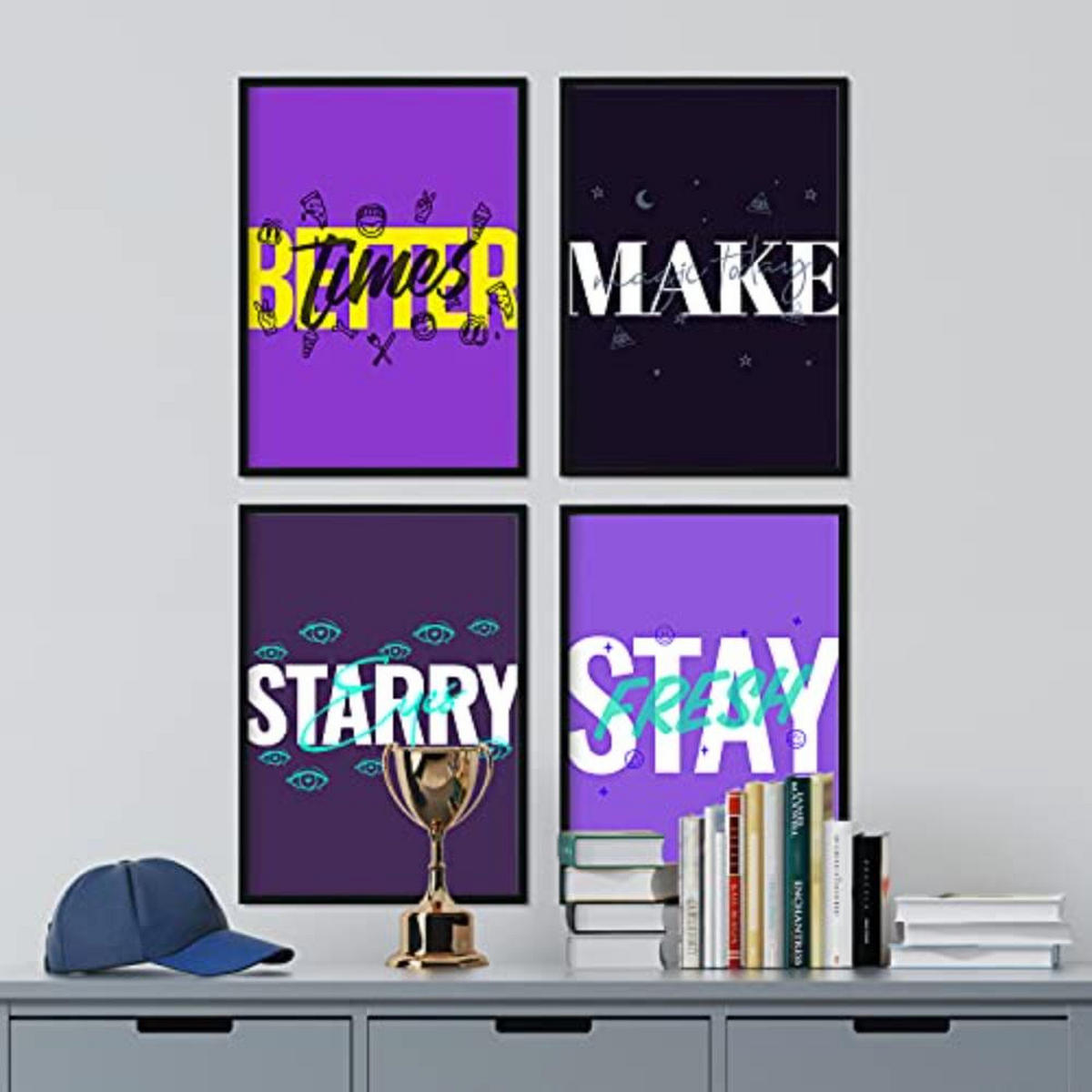 POSTER Set mit 4 lila Etikettendesign und Motivationsnachrichten A4 Schwarzer Rahmen - Schwarz, Papier (29.7/3cm) - Nacnic