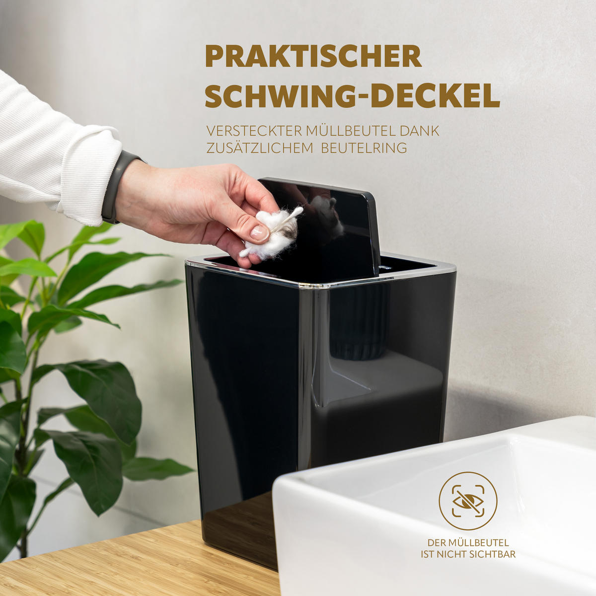 KOSMETIKEIMER SAVONA 6 Liter, schwarz, Kunststoff - Schwarz, Kunststoff (18/24.5/18cm) - bremermann