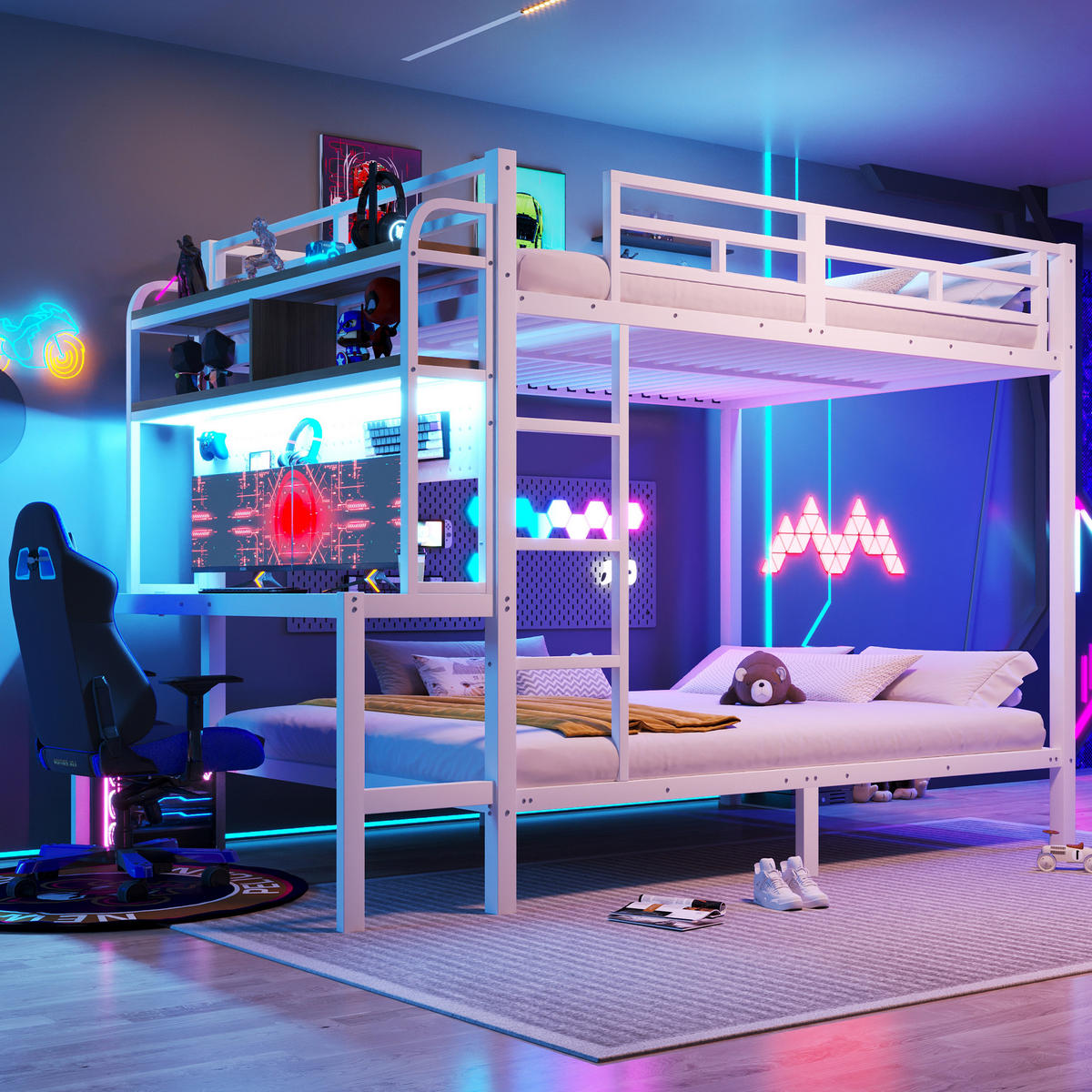 ETAGENBETT 140x200cm Weiß Metall LED-Licht Schreibtisch USB - Weiß, Metall (140/200cm) - FLIEKS