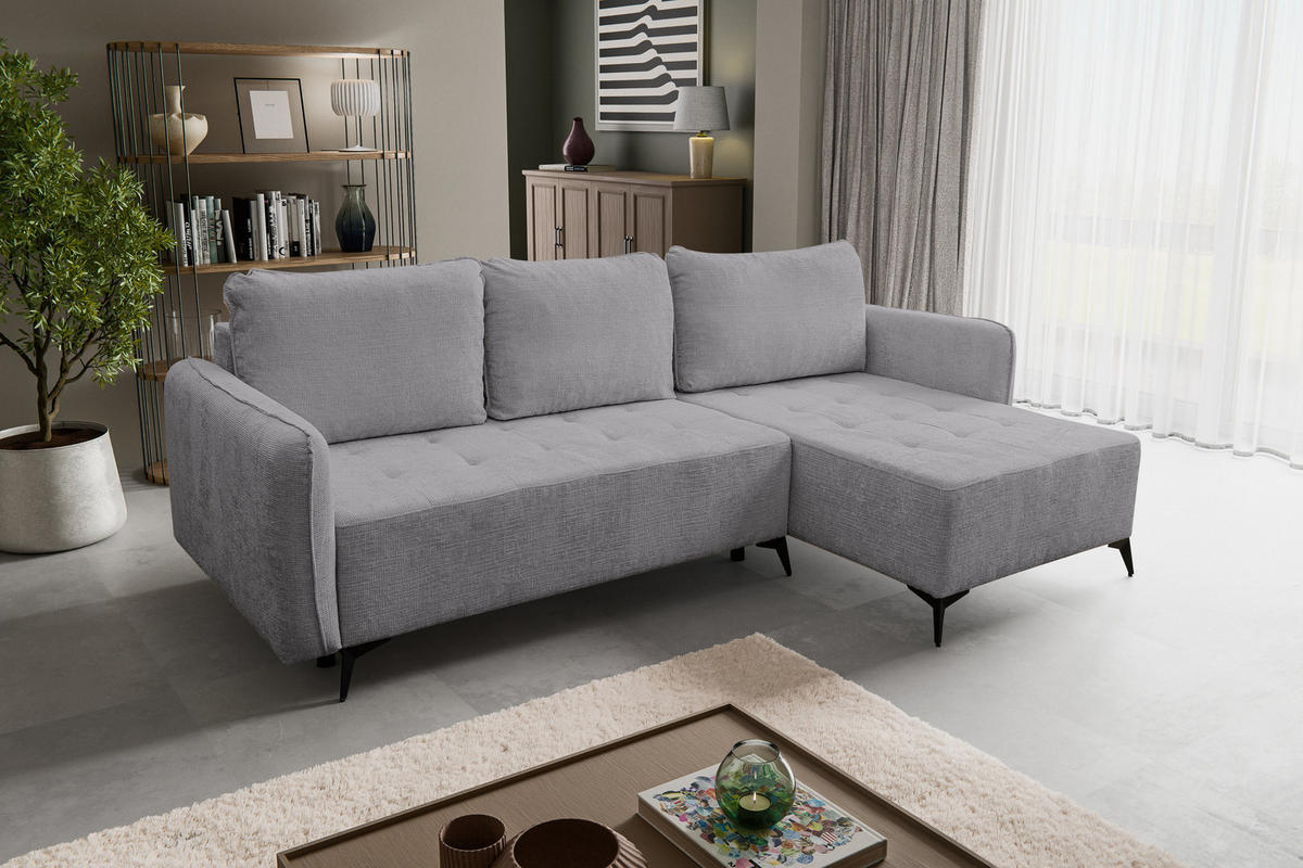 ECKSOFA Lucky in L-Form mit Schlaffunktion und Bettkasten, Farbe: Grau, Strukturstoff, Ottomane Links oder Rechts - Grau, Textil (275/160cm) - VENASI MÖBEL