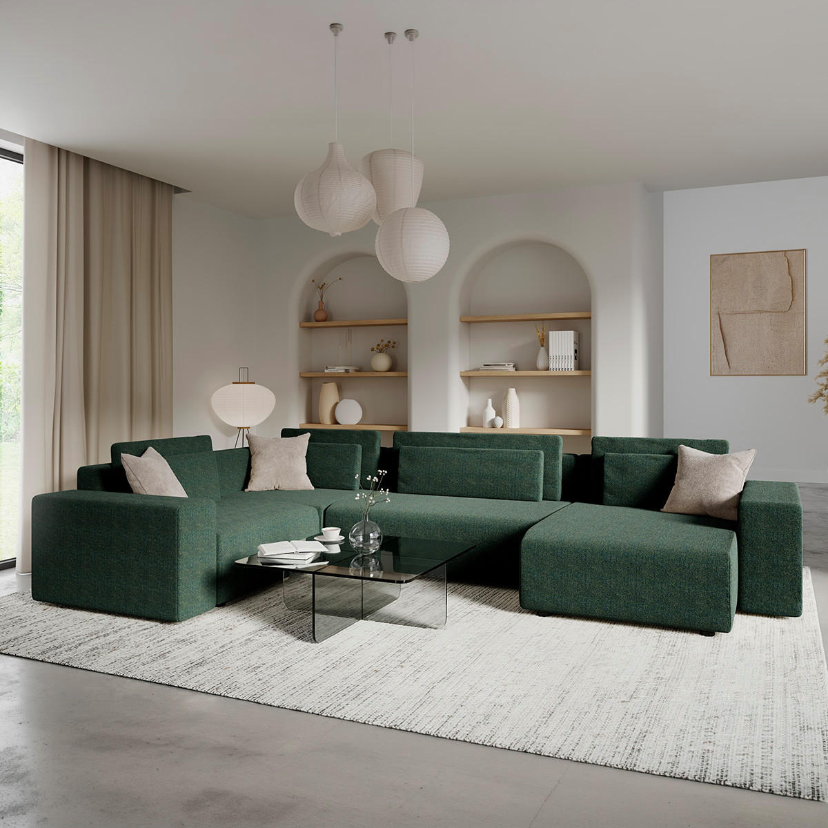 PANORAMASOFA Lorenzo 5 Sitzplätze Grün - Grün, Holz (378/85/236cm) - Petits-meubles