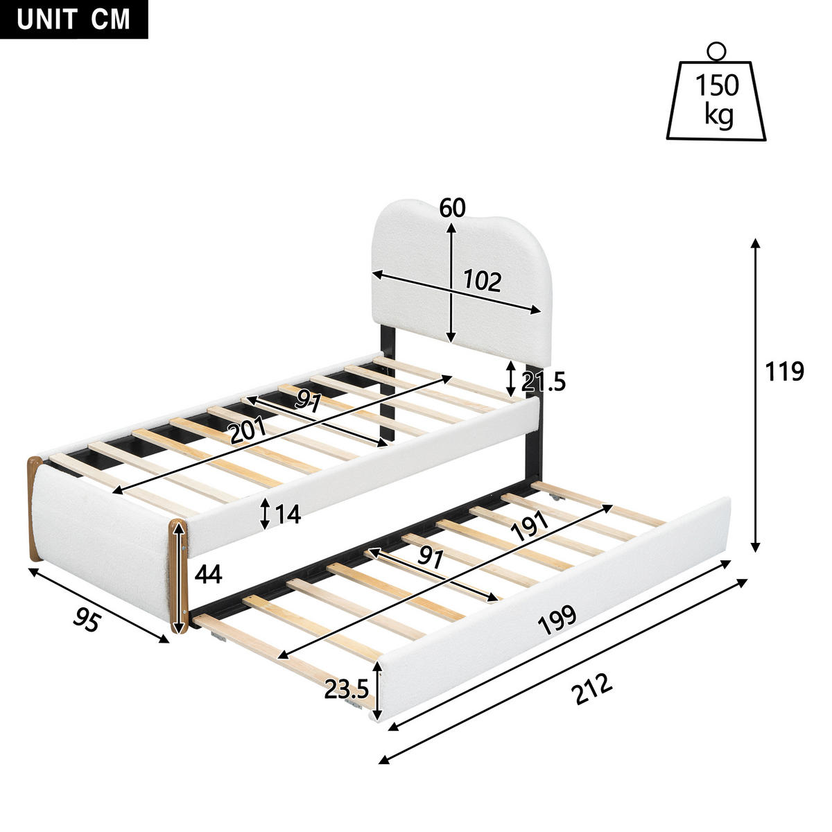 POLSTERBETT 90/200 cm weiß gepolstert mit ausziehbarem Rollbett - Weiß, Textil (90/200cm) - OKWISH