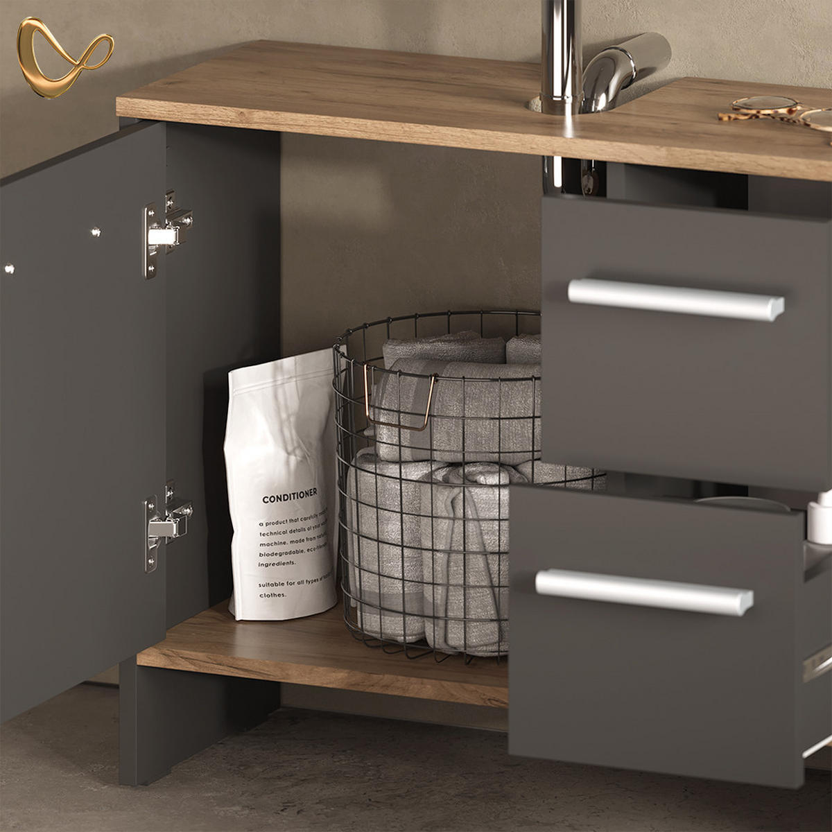 BADMÖBEL-SET Amalfi Anthrazit/Goldkraft Eiche 3-teilig - Honigeiche/Anthrazit, Holzwerkstoff (131.4/108.2/26.3cm) - Livinity®