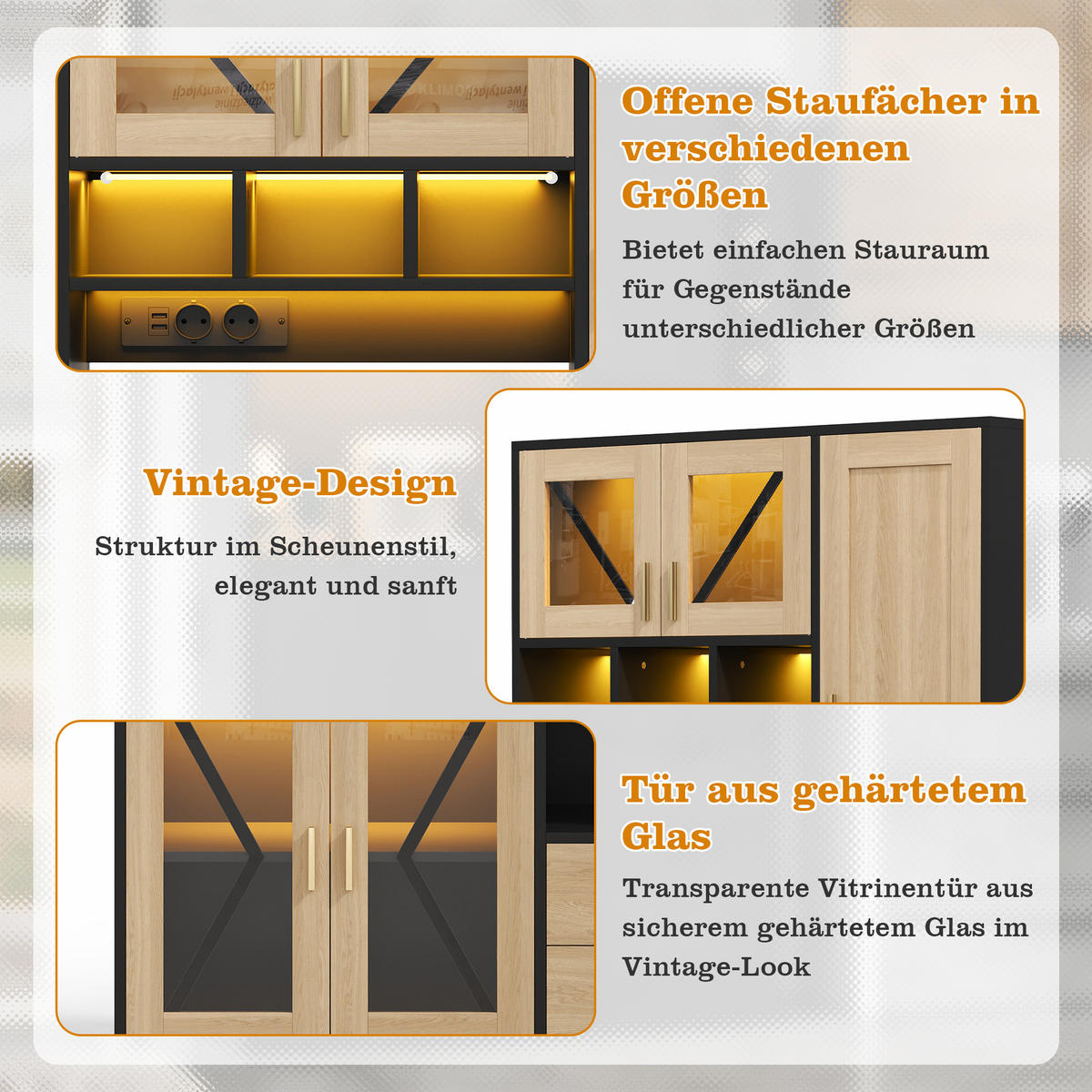 BUFFET 105/39/185 cm Natürlich mit farbwechselnder LED-Beleuchtung und 2 Schublade - Schwarz, Holz (105/185/40cm) - Oxeza