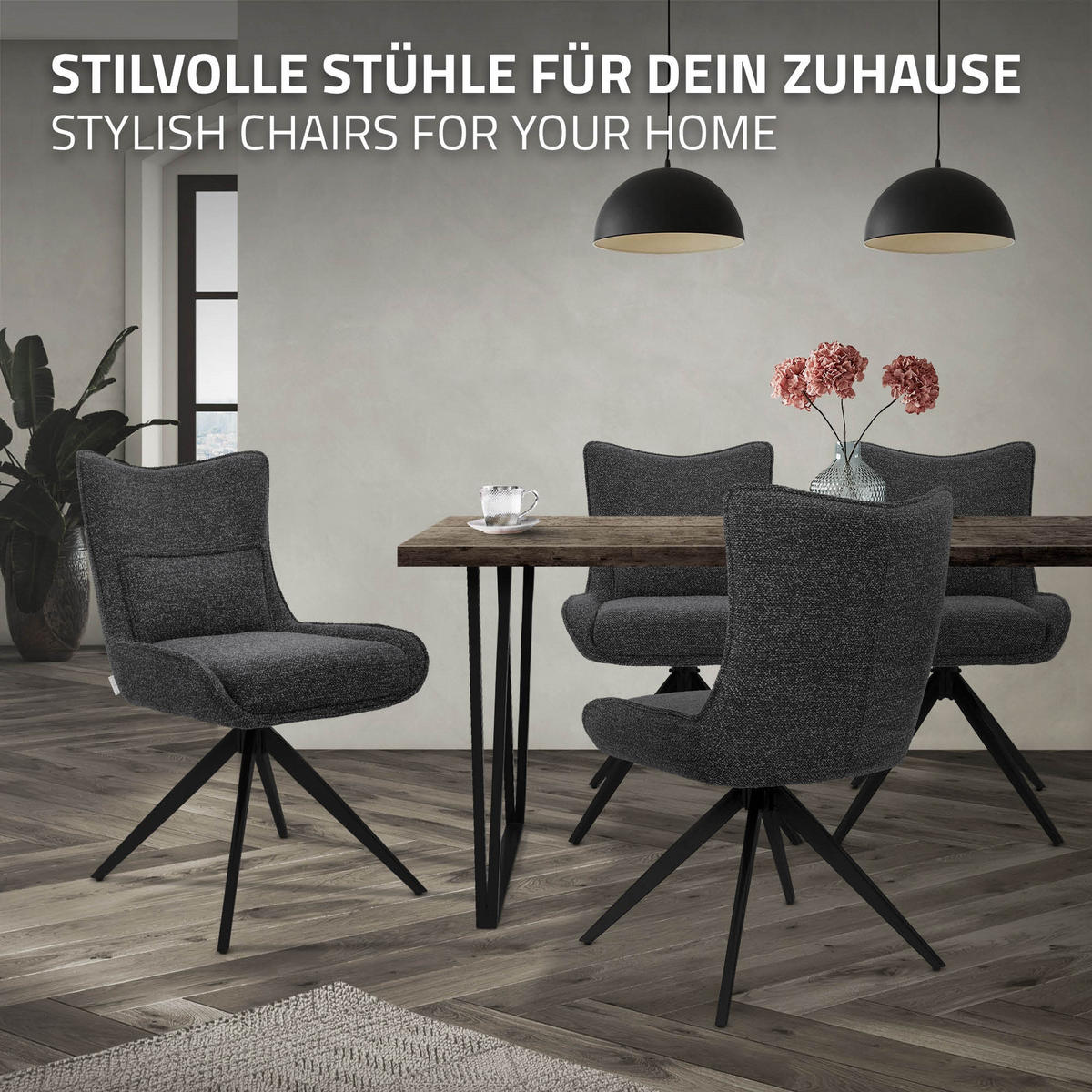ESSZIMMERSTÜHLE 2er Set drehbar Küchenstühle gepolstert mit Webstoff-Bezug Anthrazit - Anthrazit/Schwarz, Textil/Metall (54/90/64cm) - ML-DESIGN