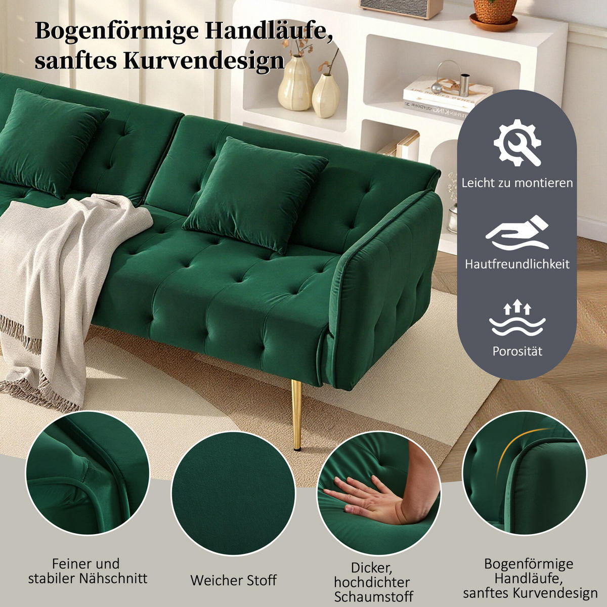 2-SITZER Schlafsofa Samt mit verstellbarer Rückenlehne und Armlehnen Grün 178/82/70 cm - Grün, Textil (82/70/178cm) - Redom