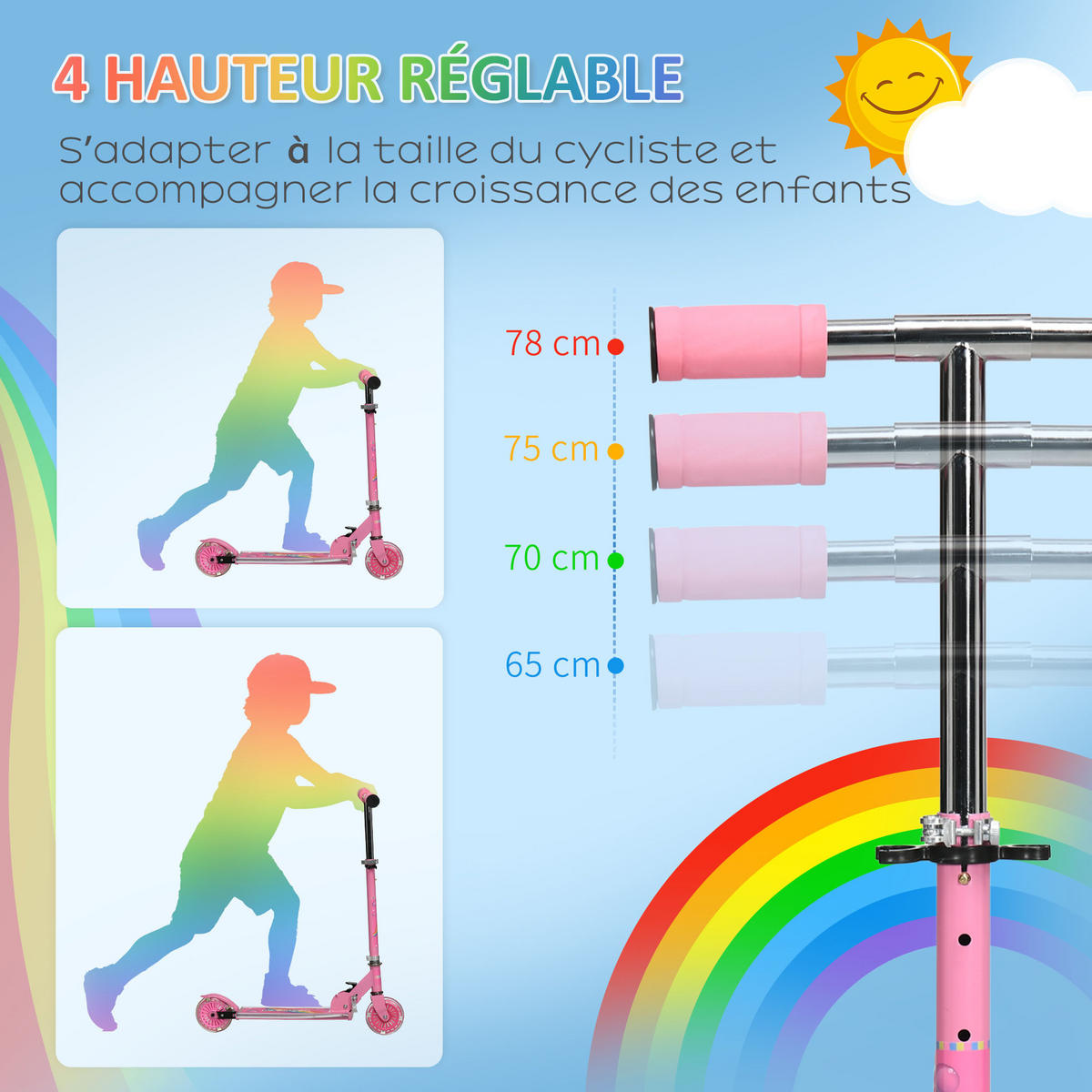 KINDERSCOOTER DE-16943 klappbar mit LED-Rädern & Musik Rosa - Pink, Metall (67/32/78cm) - ComfortXL