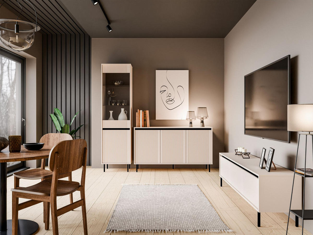 VITRINE Osaka Sandbeige 2-türig 56 cm - Beige/Schwarz, Holzwerkstoff/Metall (55.8/205/40cm) - Selsey
