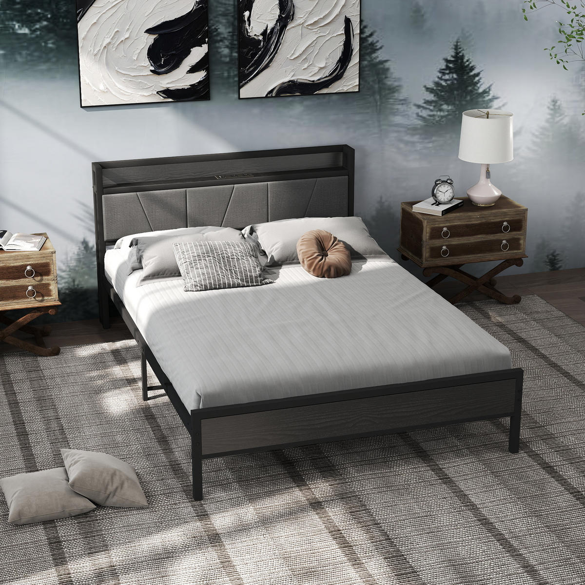 METALLBETT 140/200 cm Schwarz mit Stauraum-Kopfteil mit 2 USB-Ladeanschlüssen - Schwarz, Metall (140/200cm) - OKWISH