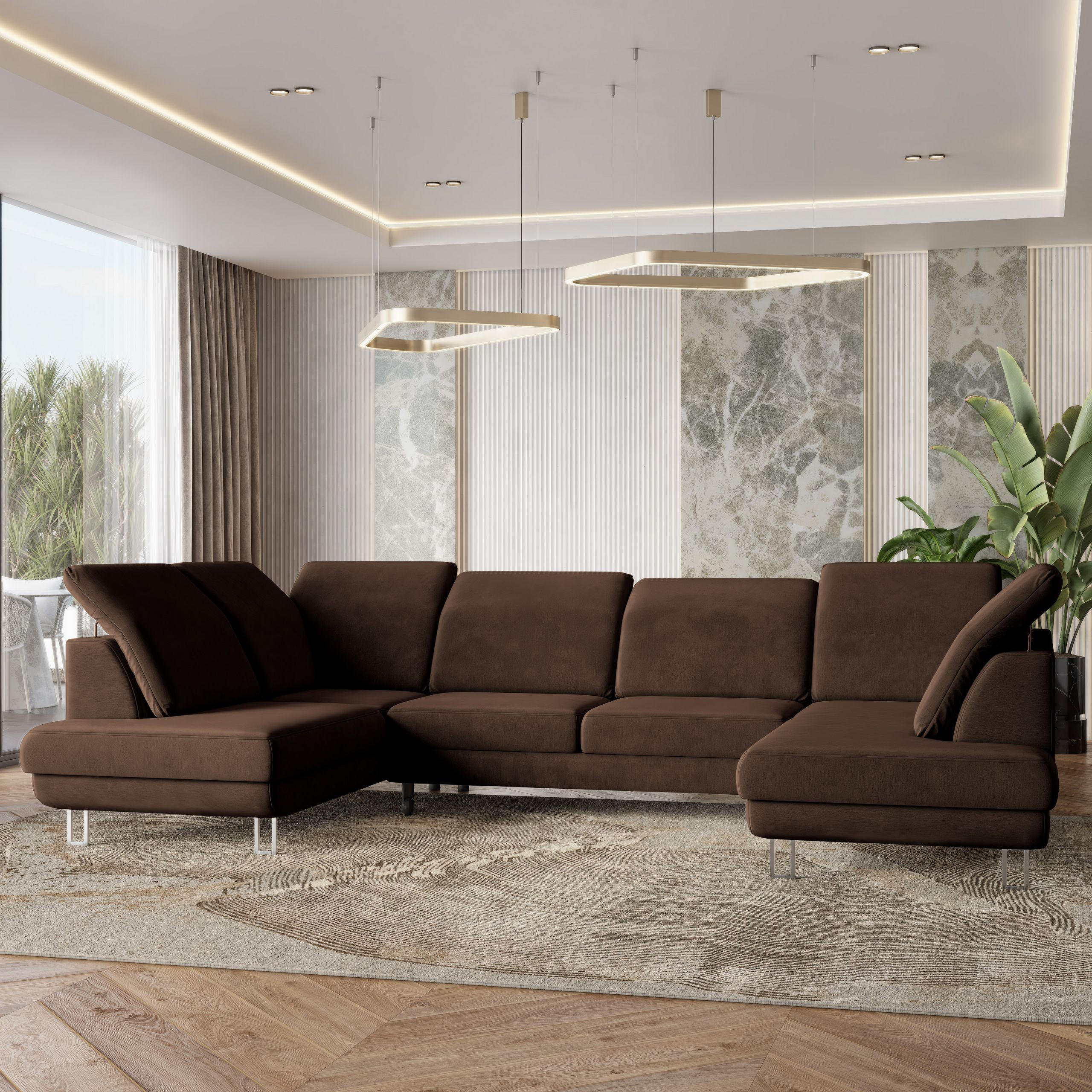 WOHNLANDSCHAFT TERAMO Braun Velours-Stoff mit Schlaffunktion - Braun, Holz (316/88/193cm) - MASSENO