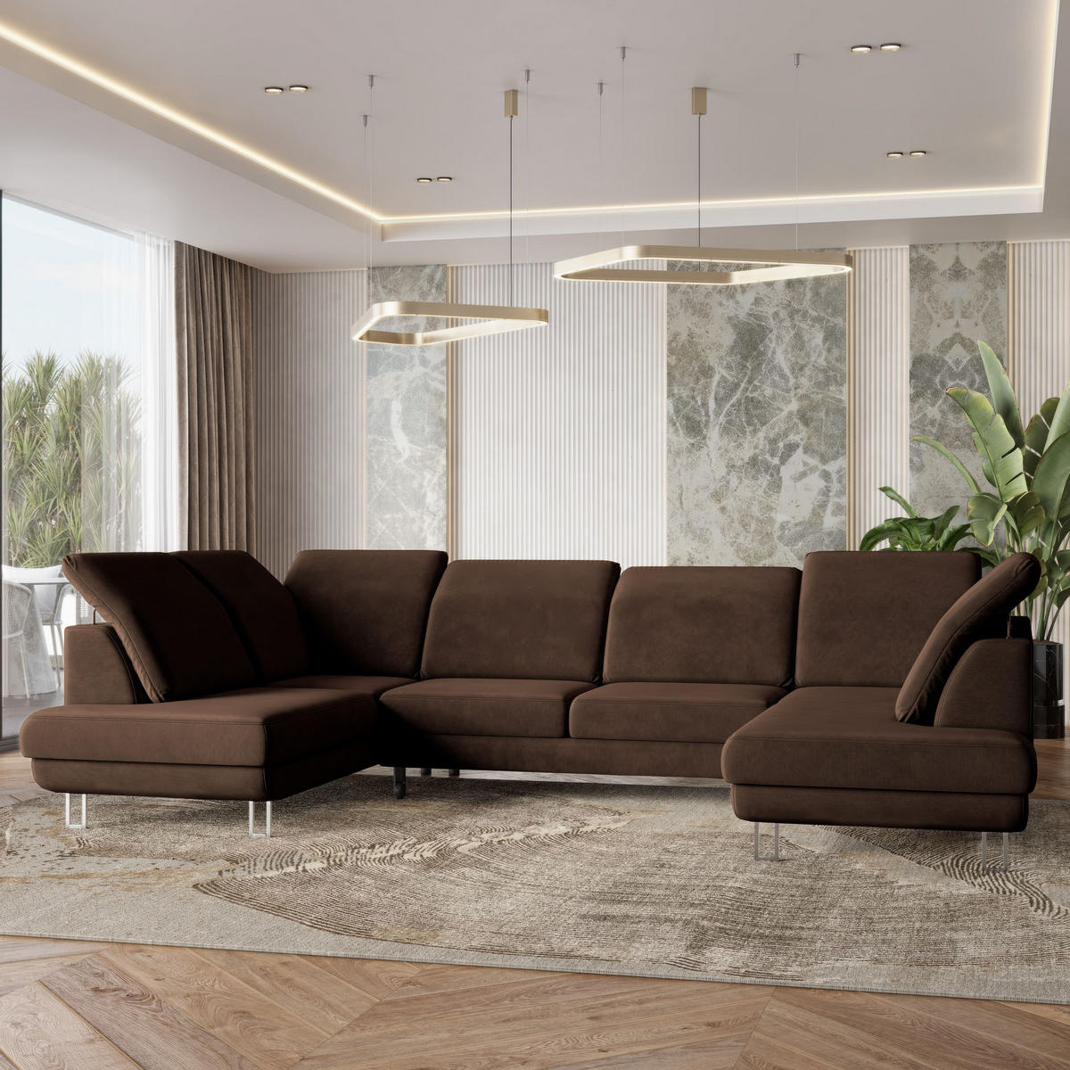 WOHNLANDSCHAFT TERAMO Braun Velours-Stoff mit Schlaffunktion - Braun, Holz (316/88/193cm) - MASSENO