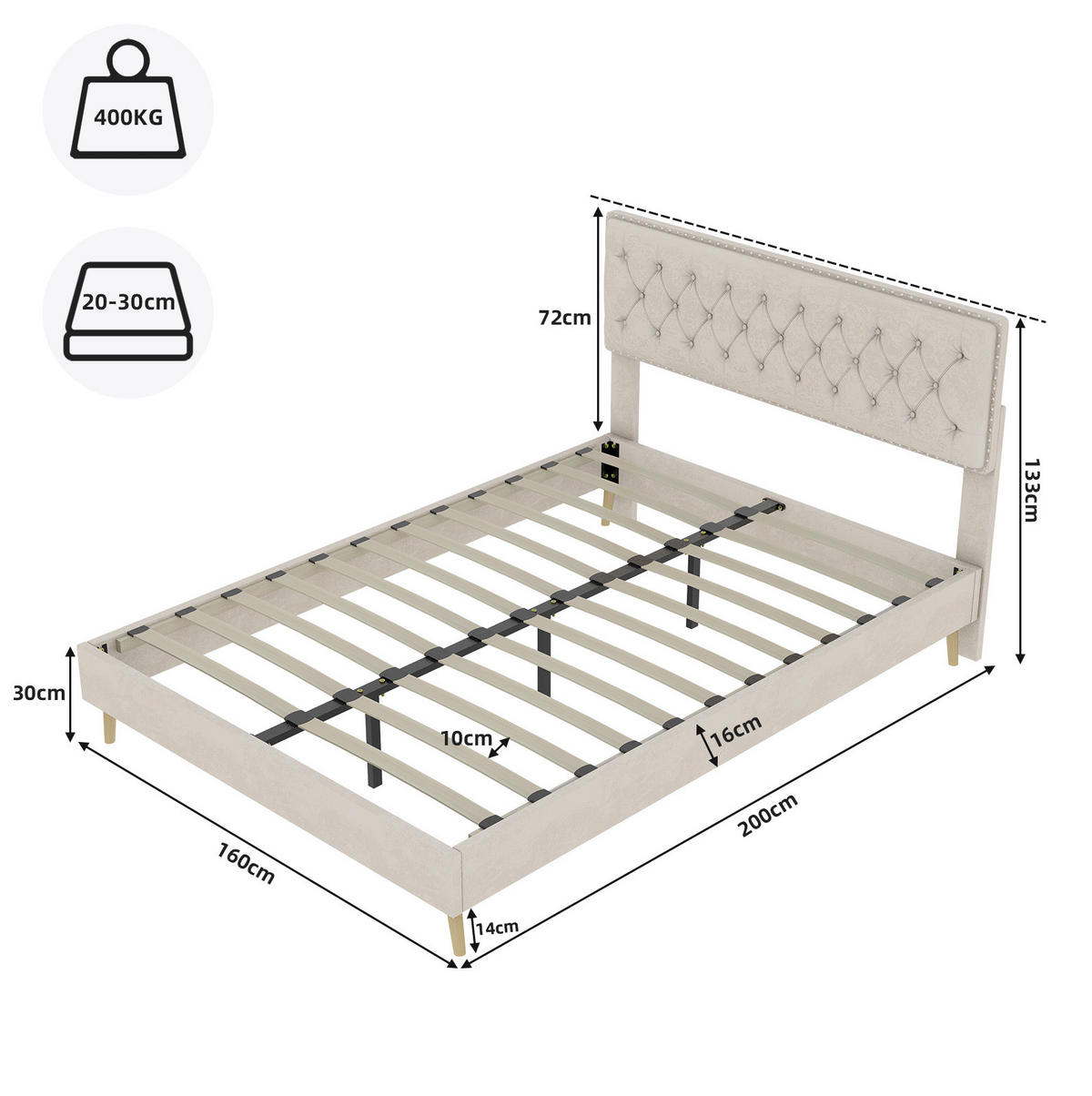 POLSTERBETT 160/200 cm aus Stoff und Metall mit hohem Kopfteil und Stauraum, Beige - Beige, Textil (160/200cm) - Redom