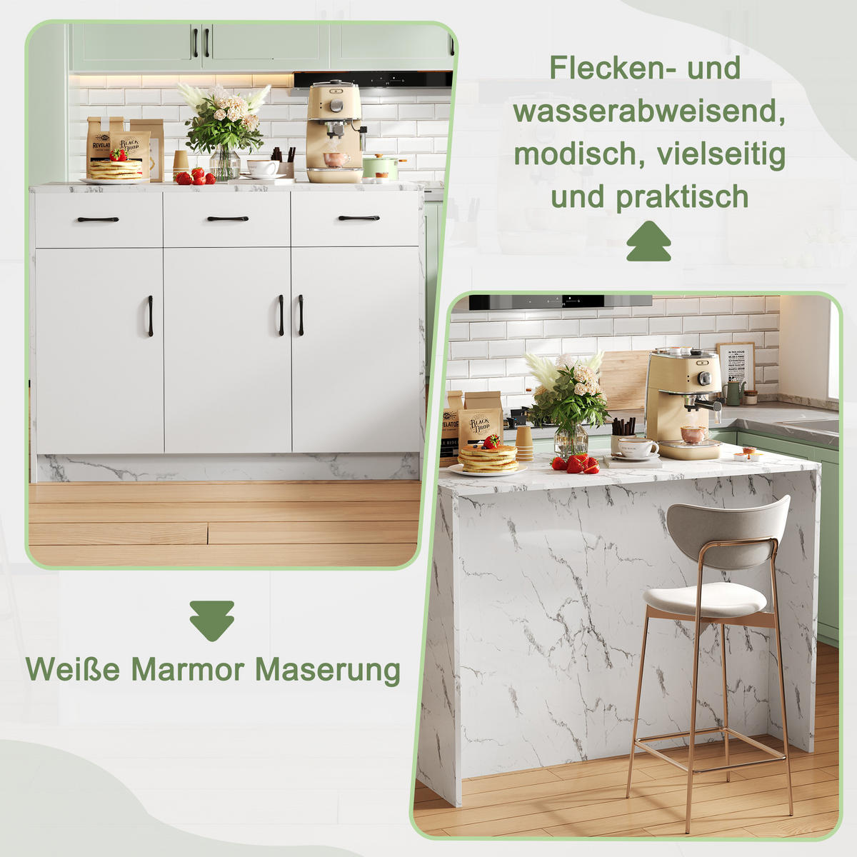 KÜCHENINSEL 120x60x90.5cm Weiß Marmoroptik mit Barbereich,3 Schubladen & Schränken - Weiß, Holzwerkstoff (120/90.5/60cm) - Modfu