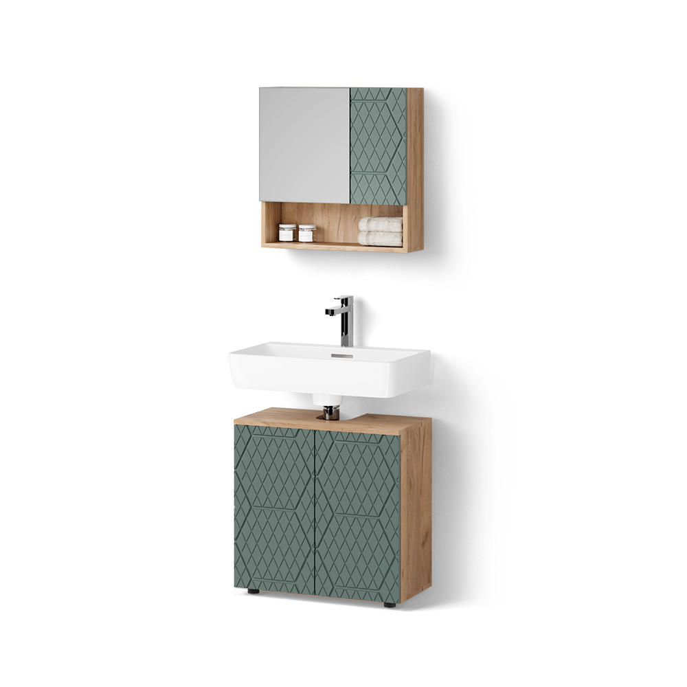 BADMÖBEL-SET Ronco Grün/Goldkraft Eiche 2 Teile, Unterschrank 60 cm - Honigeiche/Grün, Holzwerkstoff (60/59/30cm) - Livinity®