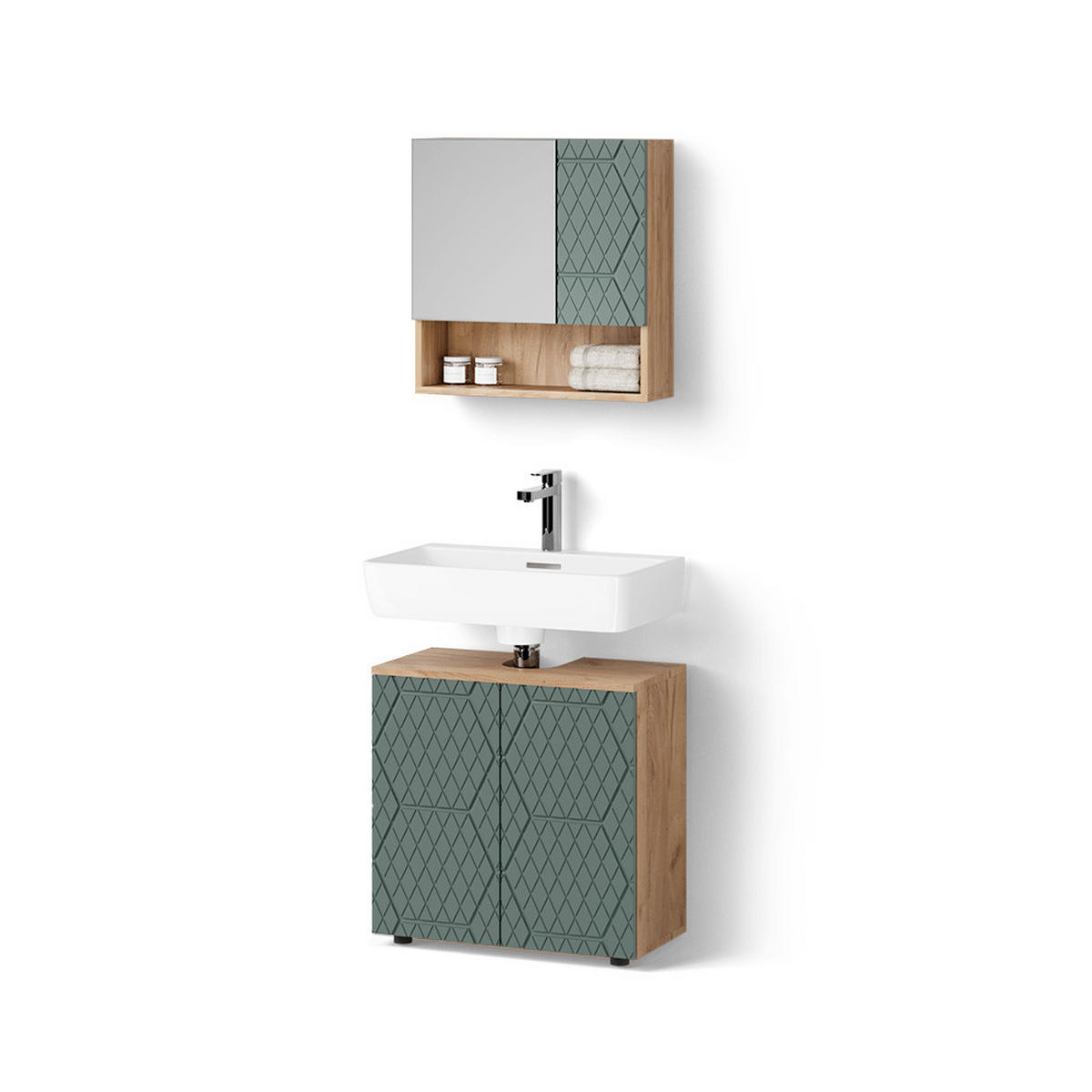 BADMÖBEL-SET Ronco Grün/Goldkraft Eiche 2 Teile, Unterschrank 60 cm - Eiche Wotan/Grün, Holzwerkstoff (60/59/30cm) - Livinity®