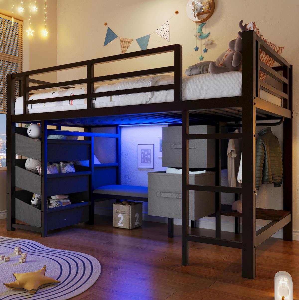 HOCHBETT aus Metall 90x200 cm in Schwarz mit LED-Beleuchtung & Stauraum - Schwarz, Metall (90/200cm) - Modfu