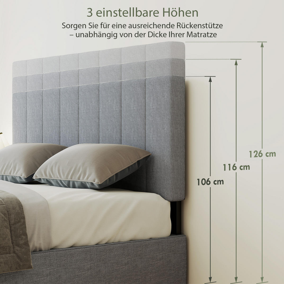 KOPFTEIL 3-fach höhenverstellbar Bettkopfteil mit Metallbeinen Leinenoptik Grau - Schwarz/Grau, Textil/Metall (10/126/160cm) - HOMCOM