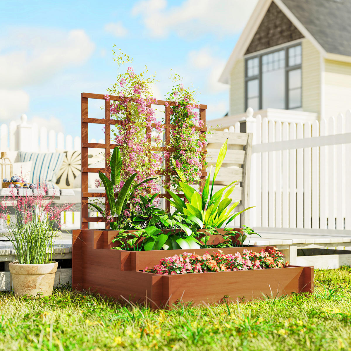 HOCHBEET mit Rankhilfe, 3-stufig Blumenkasten mit Vliesstoff, Gemüsebeet - Braun, Holz (95/110/95cm) - Outsunny