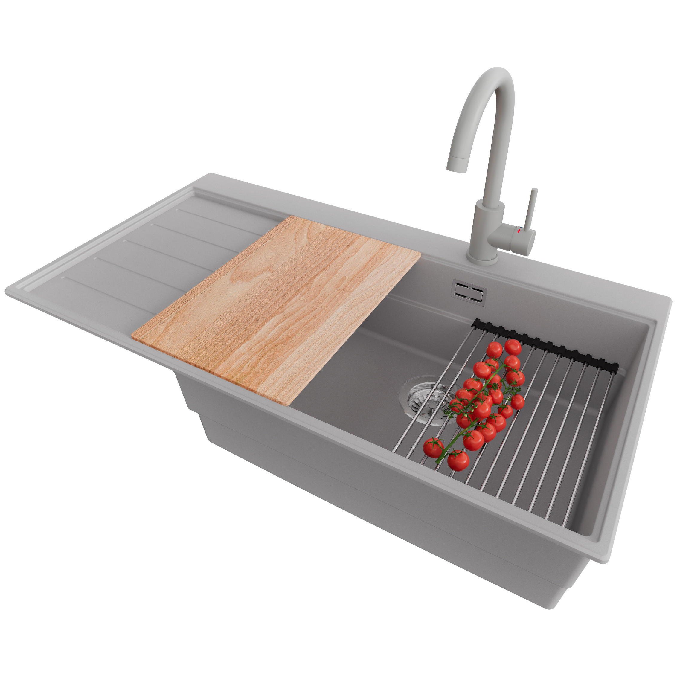 GRANITSPÜLE Sydney, 2-er set Grau 90/50 cm 1 Becken + Küchenarmatur 32/20 cm + Ablauf-Set + Küchenzubehörset ab 60er Unterschrank - Chromfarben/Beige, Kunststoff (90/20/50cm) - Primagran