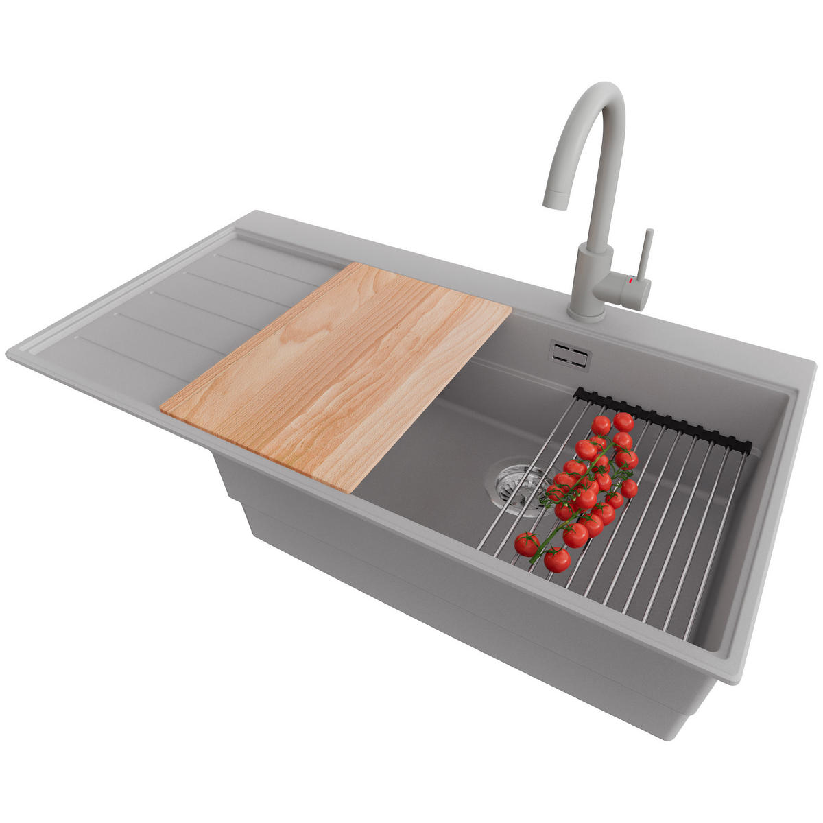 GRANITSPÜLE Sydney, 2-er set Grau 90/50 cm 1 Becken + Küchenarmatur 32/20 cm + Ablauf-Set + Küchenzubehörset ab 60er Unterschrank - Chromfarben/Beige, Kunststoff (90/20/50cm) - Primagran