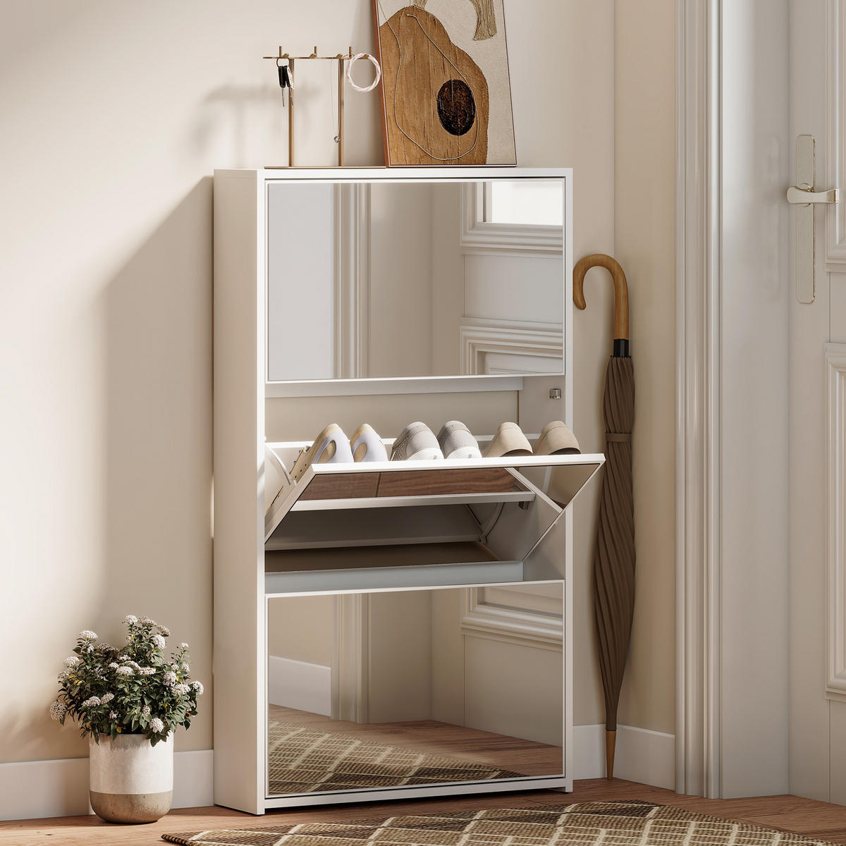 SCHUHSCHRANK,3 Türen mit Spiegel für 9 Paar 65x17x114,5cm,weiß - Weiß, Holzwerkstoff (65/114.5/17cm) - Vallsero
