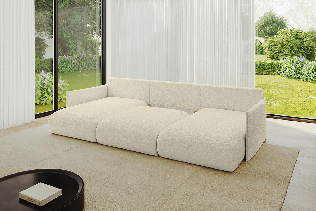 WOHNLANDSCHAFT mit Schlaffunktion und Bettkasten ONESK-U 317x177x72 Beige Bouclé - Creme, Holzwerkstoff/Kunststoff (317/72/177cm) - ALTDECOR