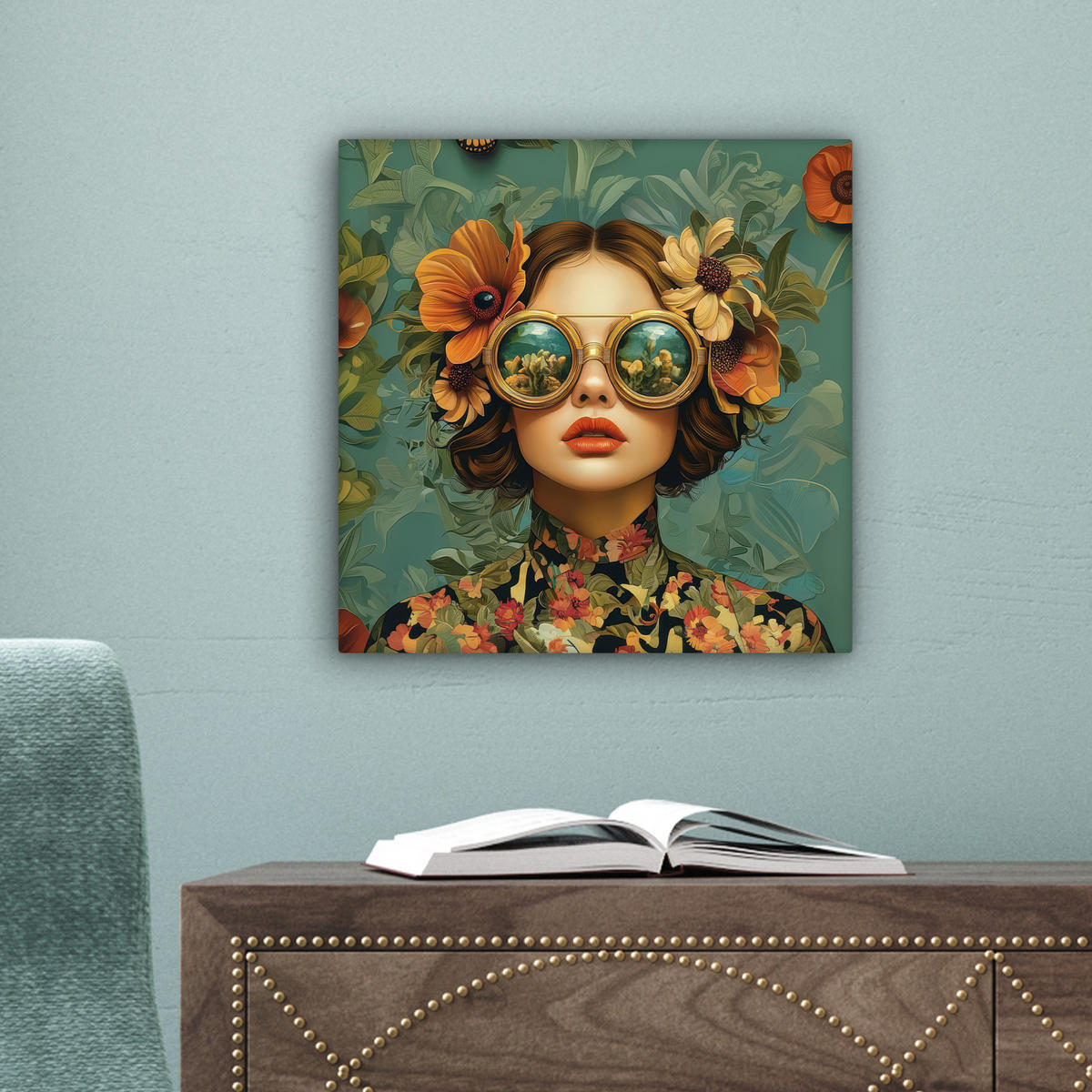LEINWANDBILD Frau - Blumen - Schmetterlinge - Natur - Vintage Deko Wohnzimmer 20x20 cm - Salbeigrün, Textil (20/20cm) - MuchoWow