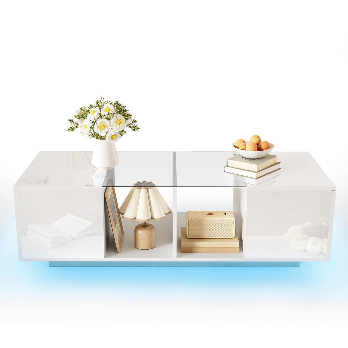 COUCHTISCH LED-Beleuchtung Hochglanz Weiß Glas & MDF 120x50cm - Weiß, Holz (129.49/59.51/14.99cm) - FLIEKS