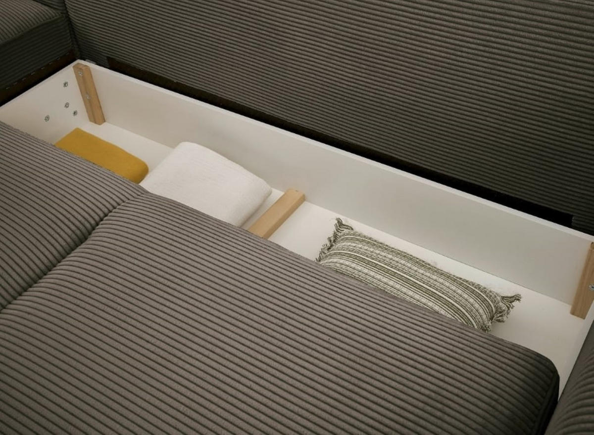 ECKSOFA beidseitig montierbar, Schlaffunktion mit Bettkasten und Nosagfederung in Breitcord - Schwarz/Braun, Textil (318/197cm) - ed exciting design