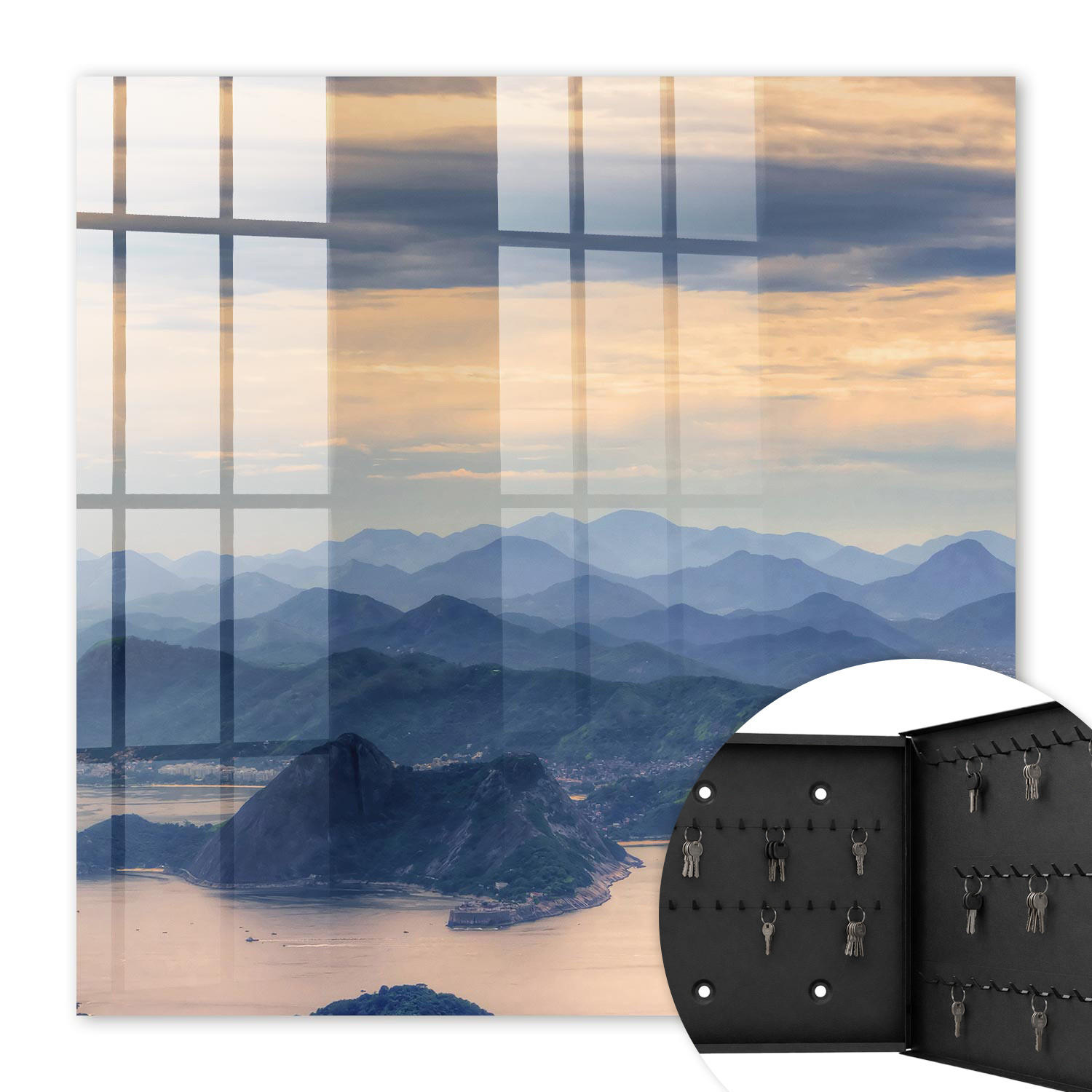 SCHLÜSSELBOX Schwarz 30x30 cm- Türöffnung nach rechts - Berglandschaft - Blau, Metall (30/30/5cm) - TULUP