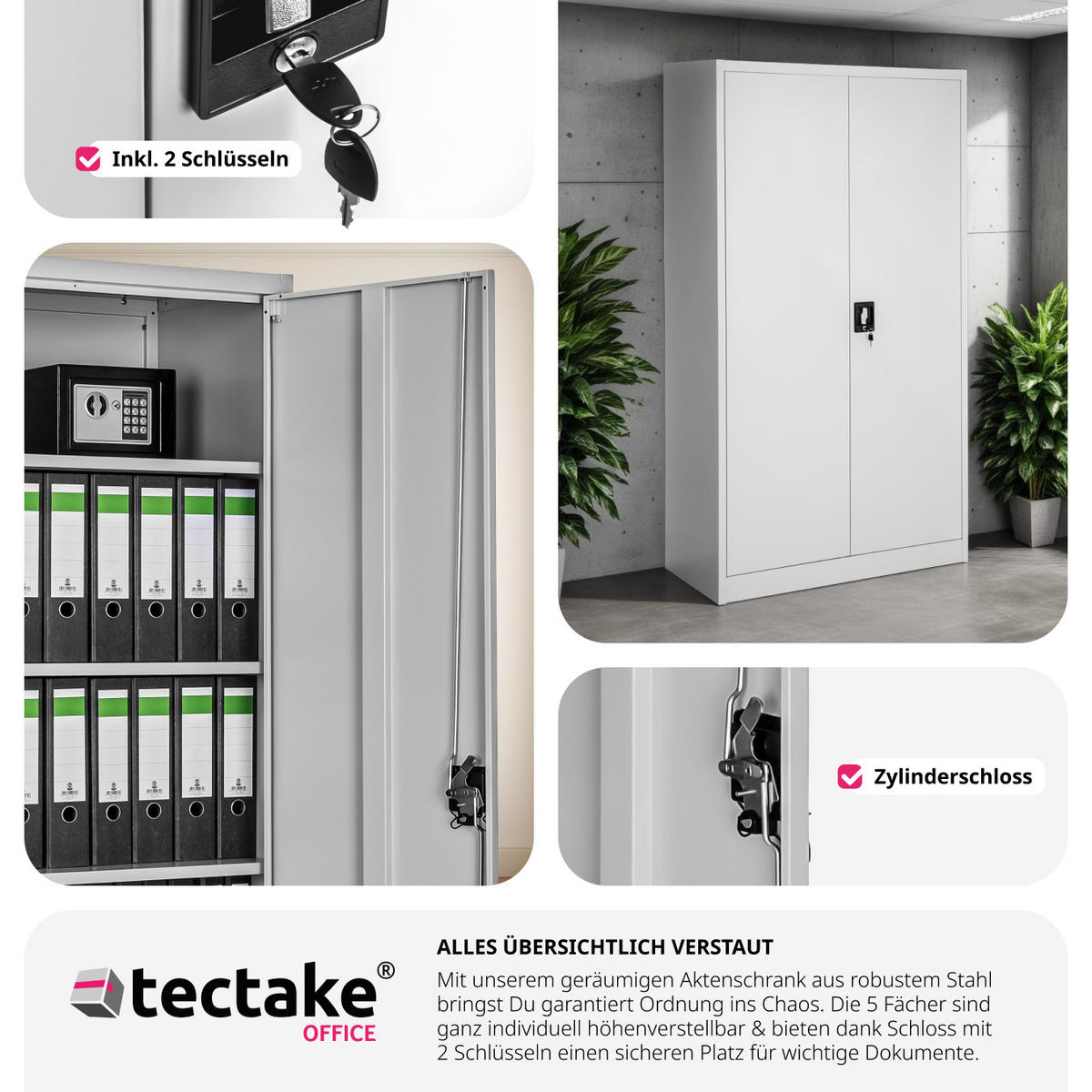 AKTENSCHRANK ,180 x 90 x 40 cm,grau - Grau, Metall (40/180/90cm) - tectake