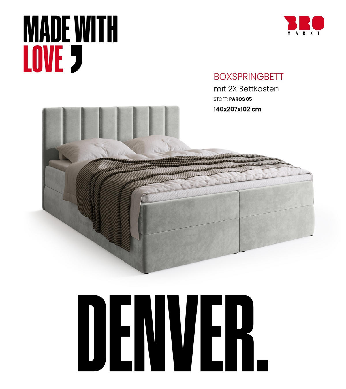 BOXBETT DENVER mit Topper 140x200 Grau - Grau, Textil (140/200cm) - Bromarkt